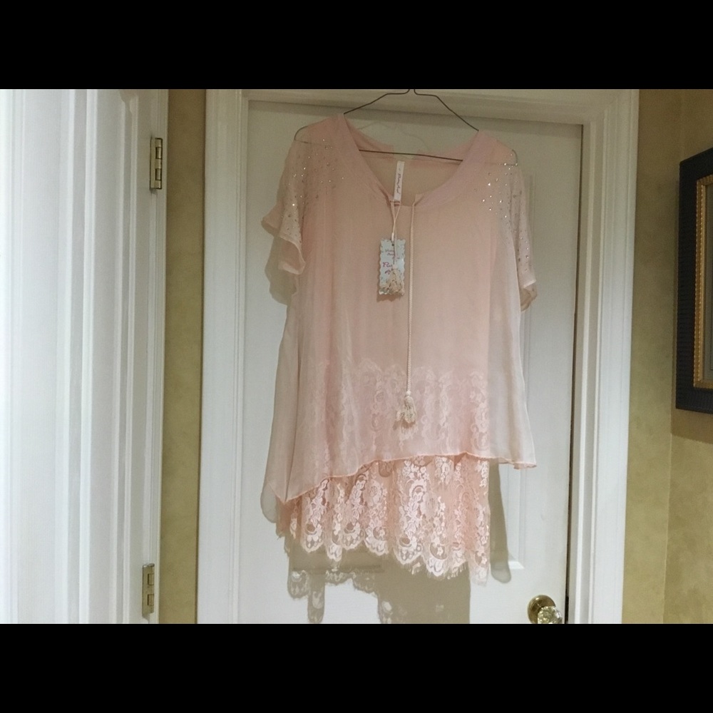 SIS FASHION Sheer & Lace Blouse Glitter Sleeves L